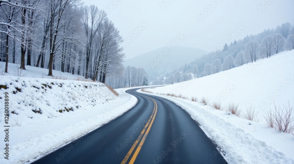 Fototapeta premium Winter Wonderland Road A Serpentine Asphalt Path Winding Through a Snowy Landscape of Leafless Trees