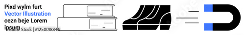 Stack of books, flowing sports shoes, and magnet with motion lines representing learning, energy, motion, attraction, fitness, science concepts. Ideal for students technology creativity flat