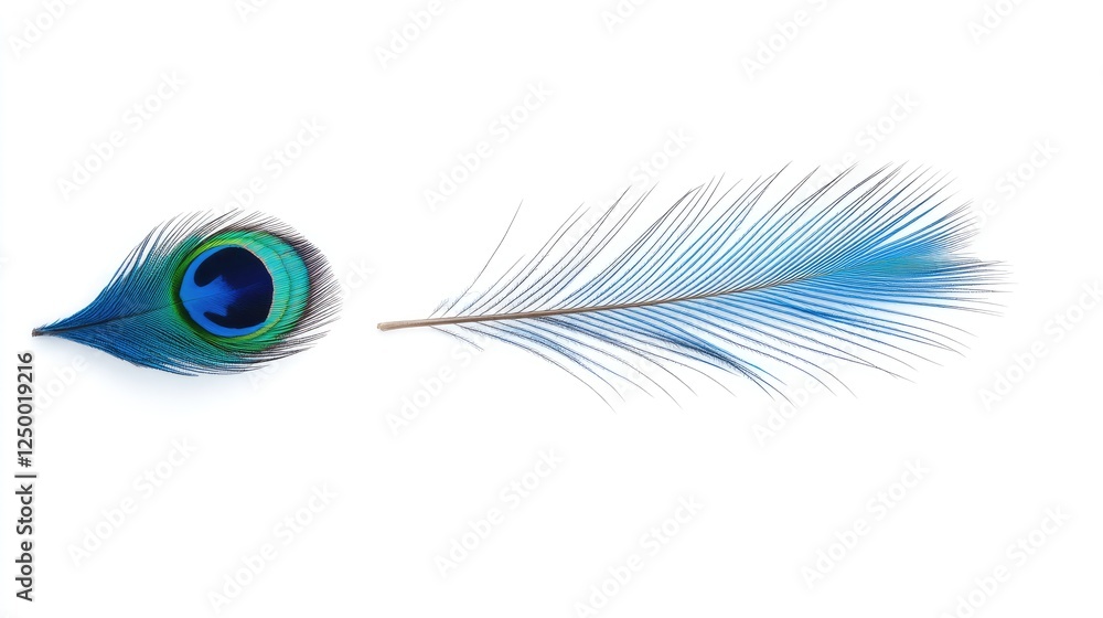 Fototapeta premium Vibrant peacock feather showcasing intricate patterns and vivid colors against a white background