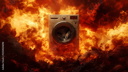 A washing machine stands amidst an explosive, fiery background, creating a striking contrast between mundane and extreme. Extreme Contrast Themes. Illustration photo