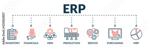 Banner of erp web vector illustration concept enterprise resource planning with lineal icons of inventory, financials, hrm, production, service, purchasing, mrp