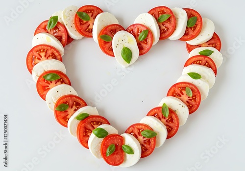 Heart shaped Caprese salad with tomatoes and mozzarella for Valentine s Day on a white background
 photo