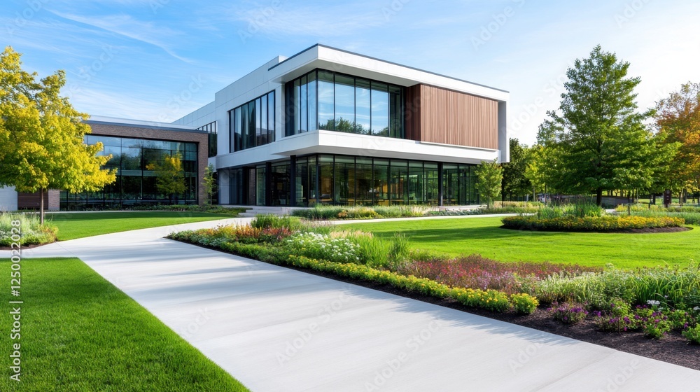 Modern architectural design of a corporate building with landscaped garden and clear blue sky in a sunny day Modern architectural design of a corporate building with landscaped garden and clear blue sky in a sunny day
