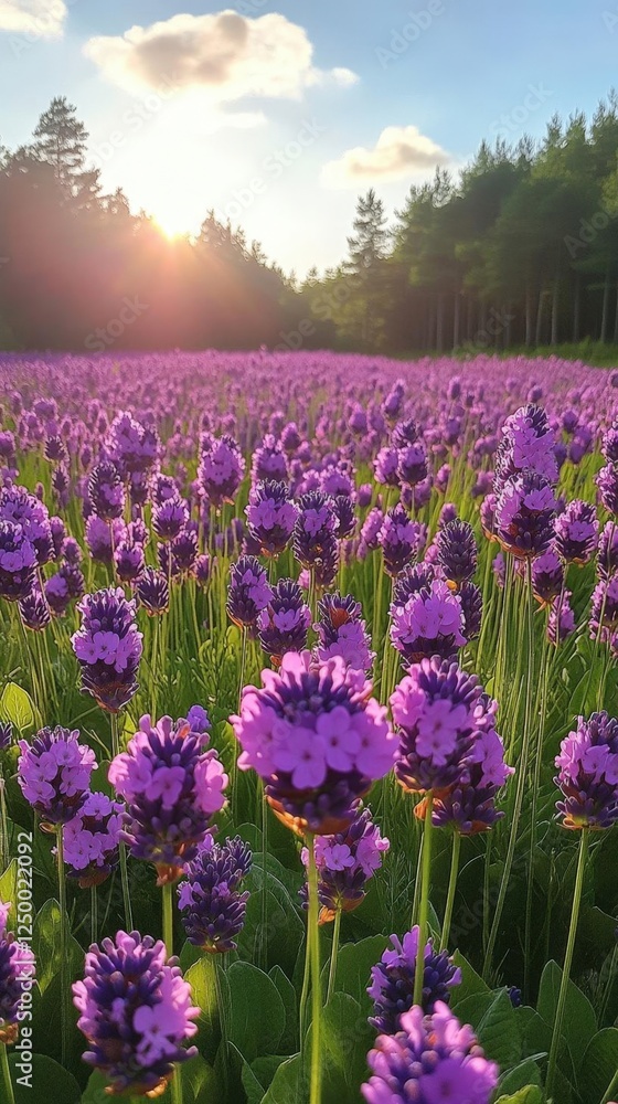 Naklejka premium Purple Lavender Field At Sunset In Forest