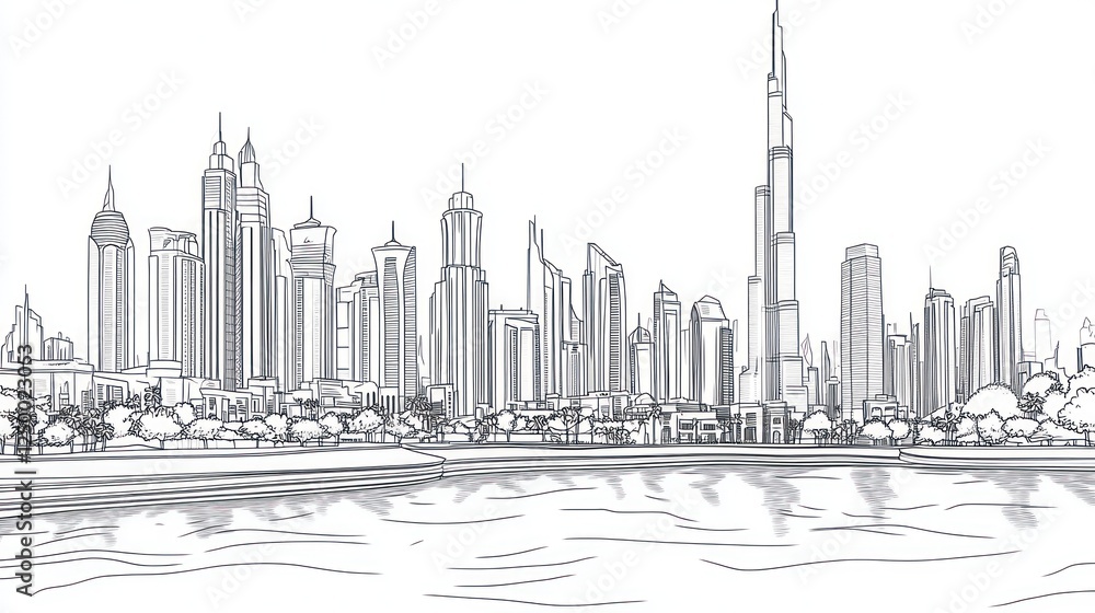 Obraz premium Dubai skyline sketch, waterfront view, urban landscape, city design