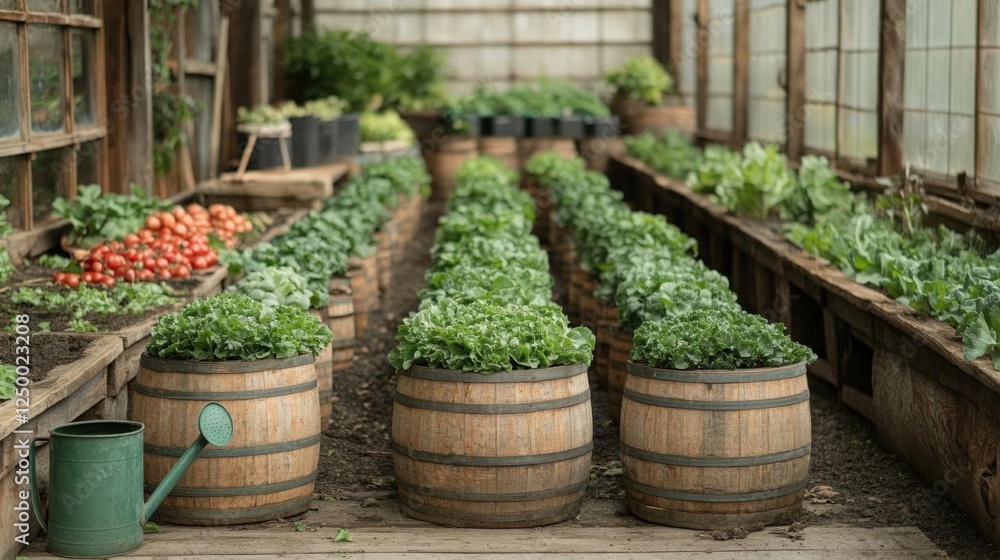 custom made wallpaper toronto digitalGreenhouse Garden With Wooden Barrels