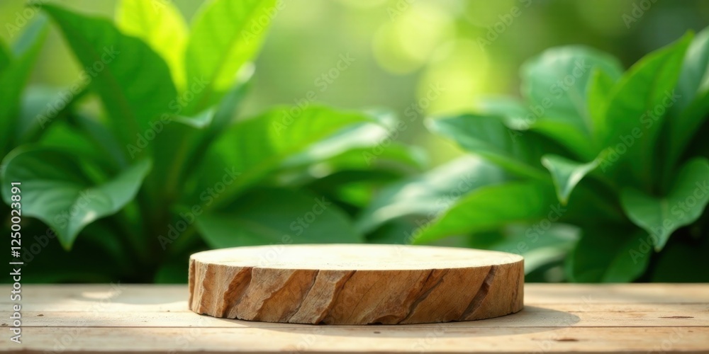 Rustic Wooden Display Platform Against a Lush Green Foliage Background Perfect for Product Showcases and Nature-Inspired Designs Rustic Wooden Display Platform Against a Lush Green Foliage Background Perfect for Product Showcases and Nature-Inspired Designs
