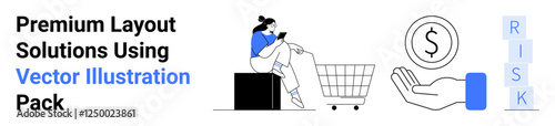 Woman using smartphone near shopping cart, with concepts of currency, risk evaluation blocks. Ideal for e-commerce, shopping, finance, economy, decision-making, digital marketing flat landing page