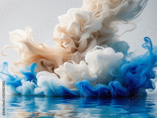 A high-resolution abstract image featuring fluid ink clouds in blue, white, and beige blending seamlessly in water.