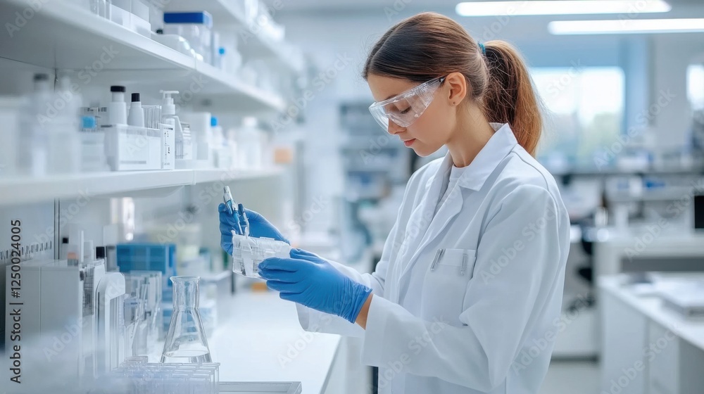 Female Scientist in Laboratory Analyzing Sample with Precision Tools and Equipment for Research Female Scientist in Laboratory Analyzing Sample with Precision Tools and Equipment for Research