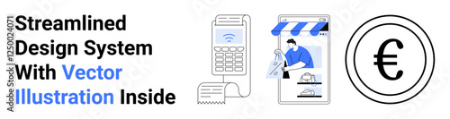 Mobile storefront with shopping interface, card payment terminal, receipt, Euro icon. Ideal for finance, online business, banking, fintech, retail sales and flat landing page banner