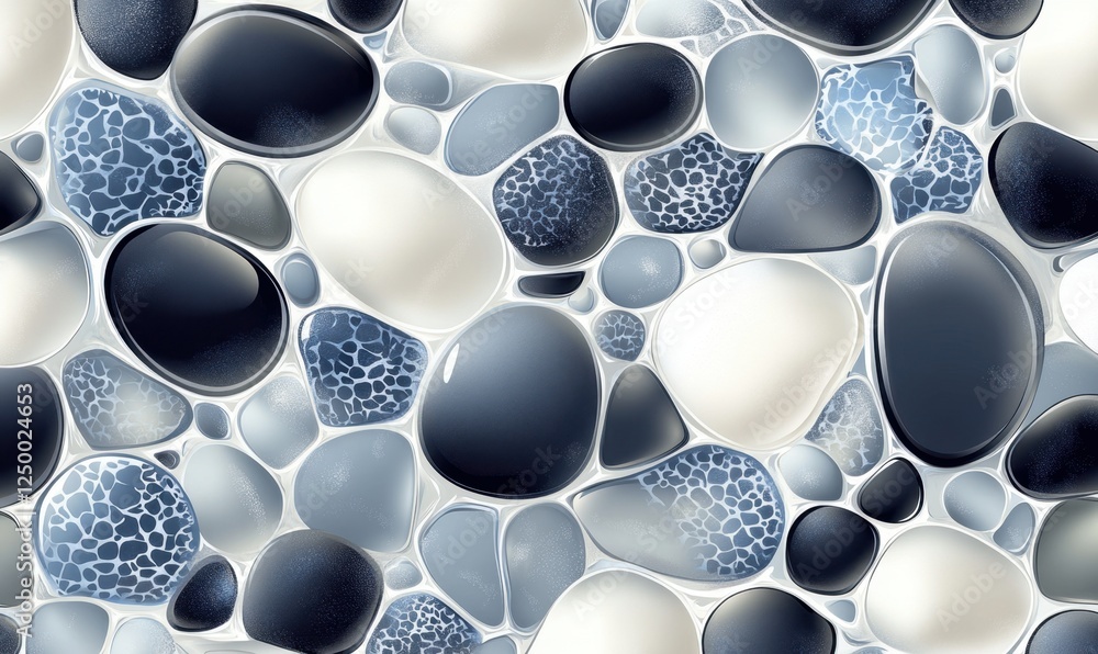 Smooth stones, blue and white, seamless pattern, background texture, design