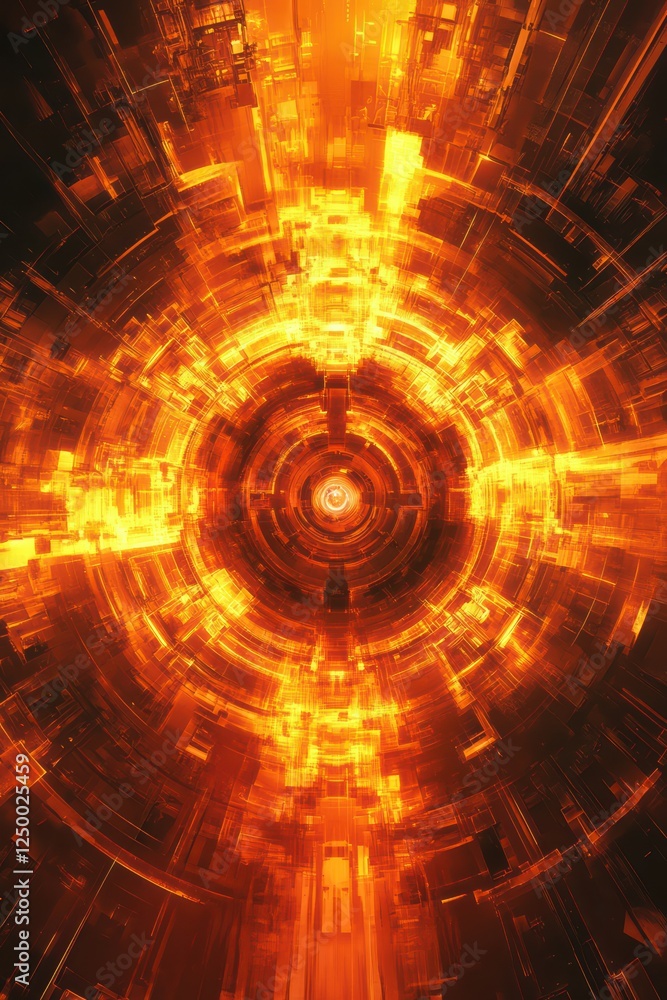Obraz premium Fiery orange and red energy beams radiating from a central core. High-impact technology theme