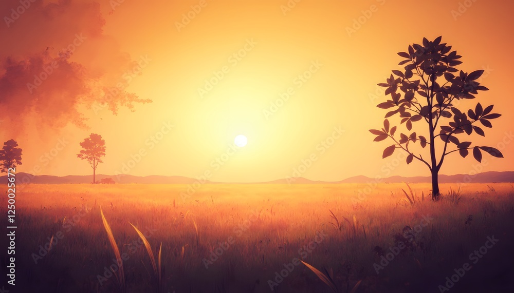 Fototapeta premium Serene Sunset Landscape: Golden Grassland and Silhouetted Trees