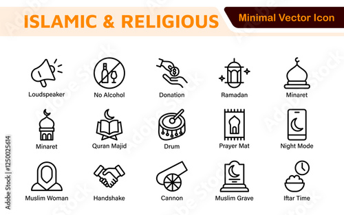 Islamic Icon Set. A beautifully crafted collection of icons reflecting Islamic culture and traditions, educational materials, apps, and websites, and Islamic community.