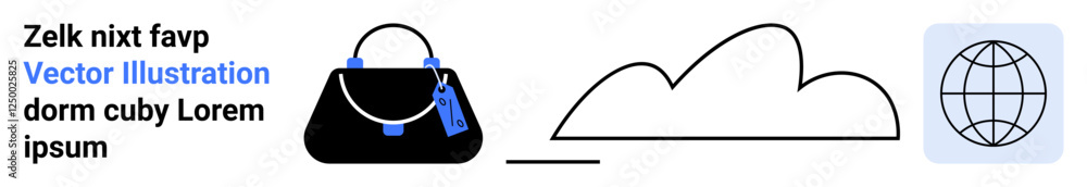 Contemporary handbag with tassels, abstract cloud shape, circular globe icon. Ideal for fashion, travel, technology, networking, global connectivity, cloud services flat landing page banner Contemporary handbag with tassels, abstract cloud shape, circular globe icon. Ideal for fashion, travel, technology, networking, global connectivity, cloud services flat landing page banner