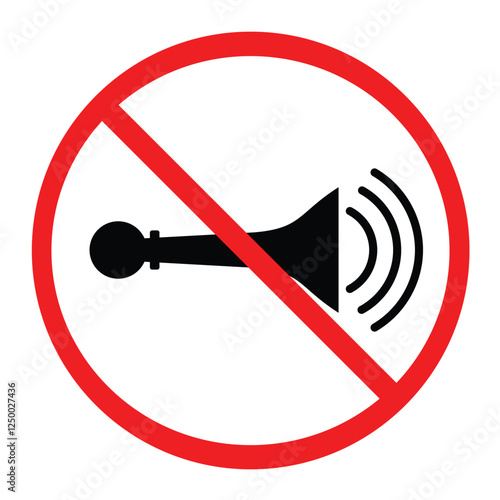 Do Not Horn, No Blowing Horn Sign Vector Illustration, Silent Zone Warning Symbol Thin Line