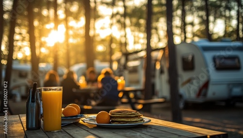 Sunrise Camping Breakfast: Pancakes, Orange Juice, and RV