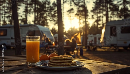 Sunset Camping Breakfast: Pancakes and Orange Juice
