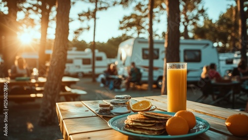 Sunrise Breakfast at the Campground: Pancakes, Orange Juice, and RV Views