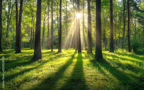 Fototapeta Naklejka Na Ścianę i Meble -  Sunlight filters through tall trees in a beautiful green forest landscape creating a serene scene