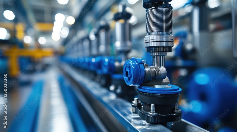 Automated industrial assembly line producing blue valves. Automated industrial assembly line producing blue valves.