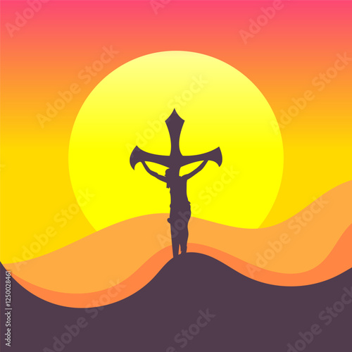 Silhouette of Jesus Christ on the cross against a vibrant sunset. Vector illustration depicting the crucifixion for Easter, Good Friday, or religious themes.