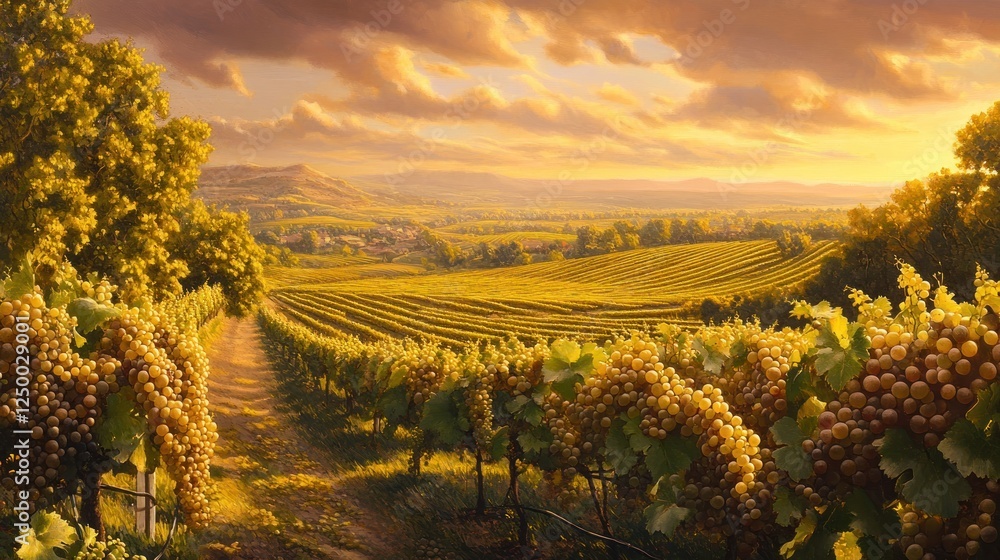 Naklejka premium Picturesque Vineyard Landscape at Sunset with Ripe Grapes on Vines