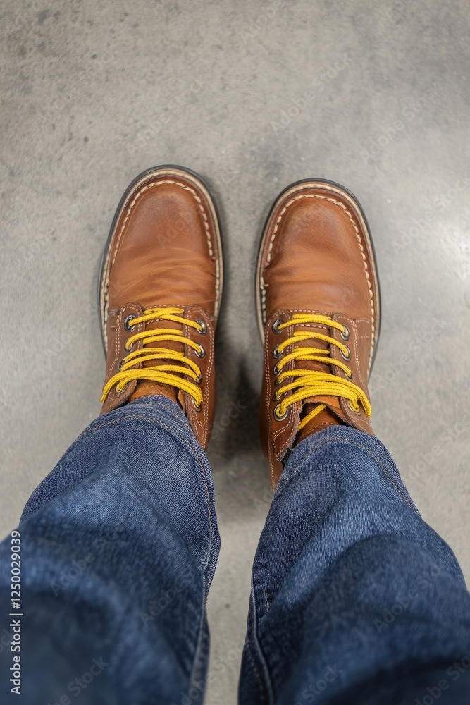 Brown Leather Boots with Yellow Laces and Blue Jeans Brown Leather Boots with Yellow Laces and Blue Jeans