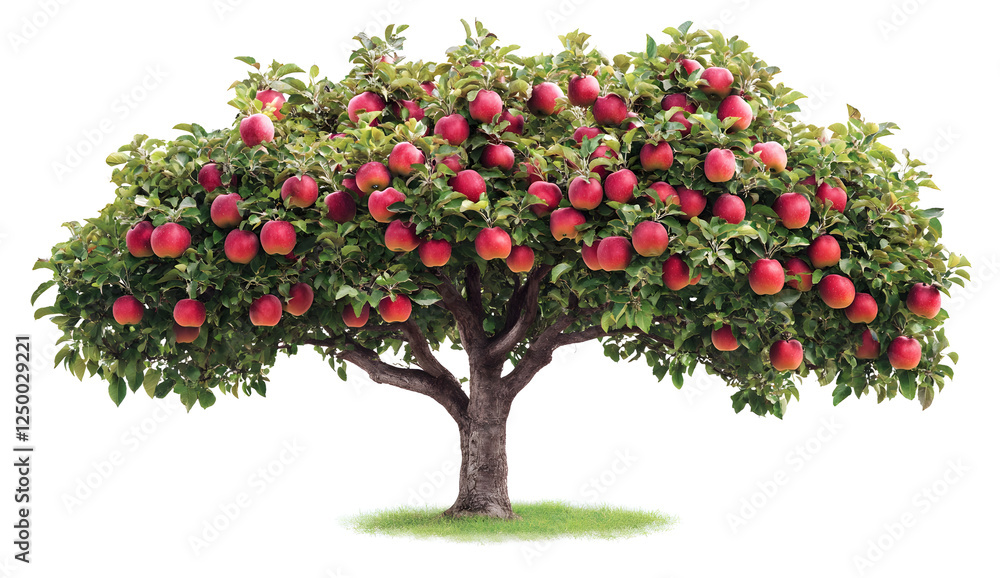 Fototapeta premium A large apple tree with red apples on the branches, green leaves, and a sturdy trunk, isolated on a white background. Vector illustration of a fruit tree suitable for garden design or landscape. 