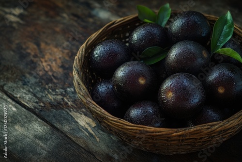 Wallpaper Mural Dark purple fruits in wicker basket on wooden table Torontodigital.ca