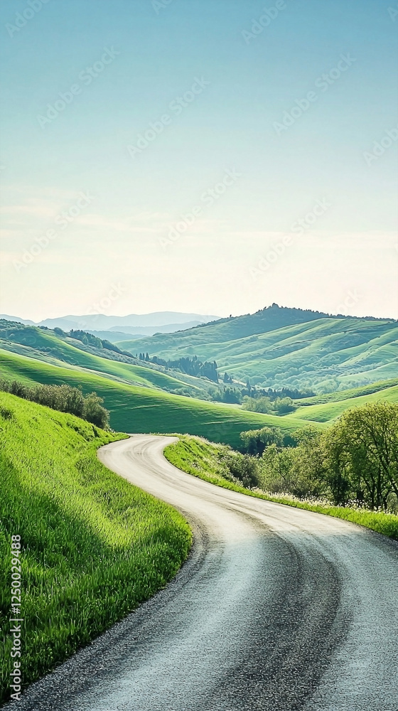 Fototapeta premium Winding road through vibrant green hills under a bright blue sky on a summer day
