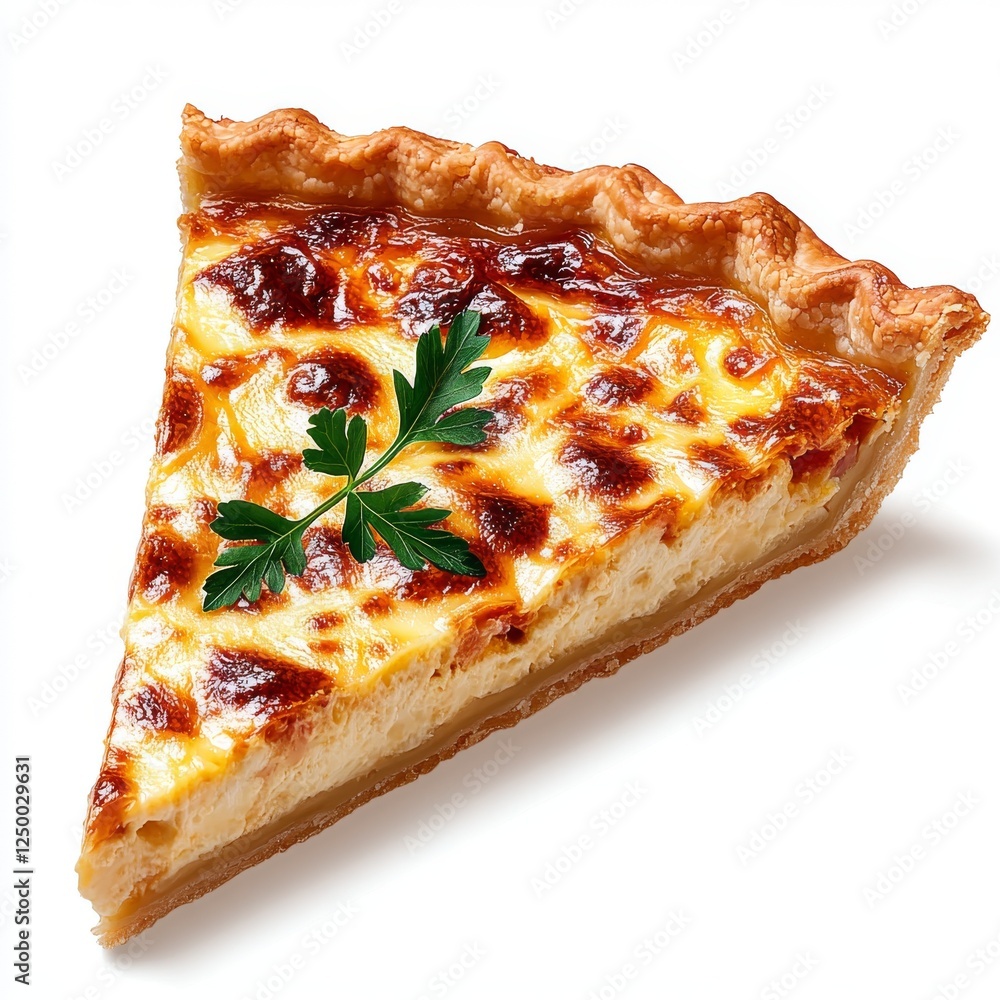 Delicious slice of quiche with a golden crust and fresh herb garnish on white background. Delicious slice of quiche with a golden crust and fresh herb garnish on white background.