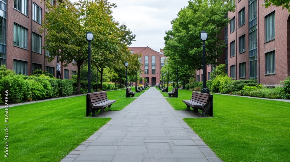 Serene Urban Park Pathway Surrounded by Greenery and Modern Architecture for Relaxation and Recreation Serene Urban Park Pathway Surrounded by Greenery and Modern Architecture for Relaxation and Recreation