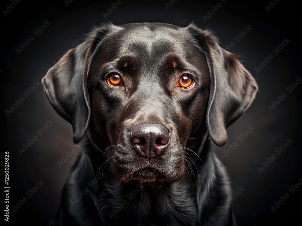 Aerial view: a majestic black Lab, silhouetted against a dark sky, a powerful canine portrait. Aerial view: a majestic black Lab, silhouetted against a dark sky, a powerful canine portrait.