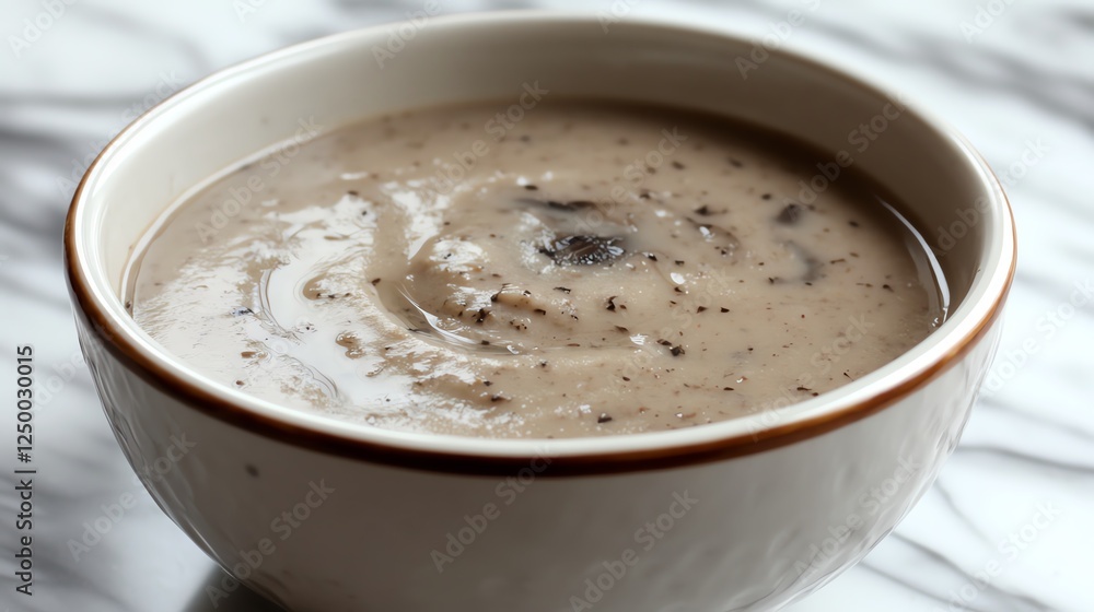 Delicious Creamy Mushroom Soup Served in a Rustic Bowl on a Marble Countertop Delicious Creamy Mushroom Soup Served in a Rustic Bowl on a Marble Countertop
