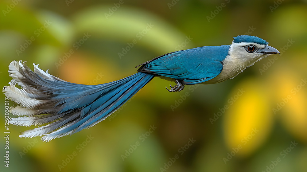 Obraz premium Flying Blue Bird With White Tail Feather