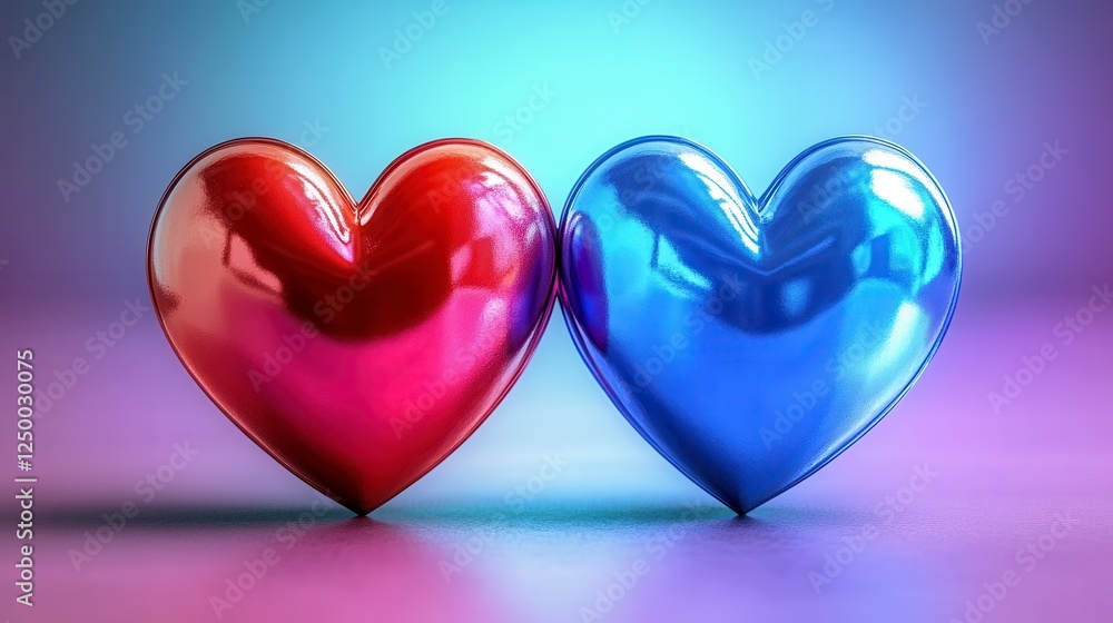 Obraz premium Two Shiny Hearts Red and Blue Love Symbol