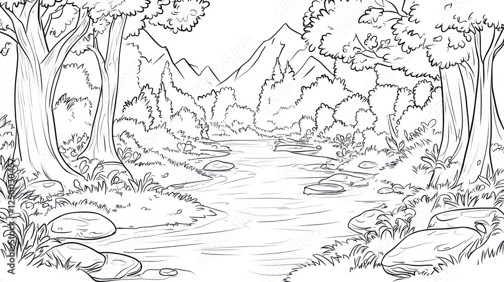 Naklejka premium Serene mountain stream flows through lush forest; nature scene, coloring book page