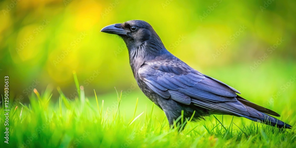 A majestic crow, perched on vibrant green grass, showcases avian beauty in this close-up wildlife photograph. A majestic crow, perched on vibrant green grass, showcases avian beauty in this close-up wildlife photograph.