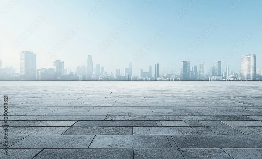 Empty concrete floor with a city skyline background and blue sky above in the distance Empty concrete floor with a city skyline background and blue sky above in the distance