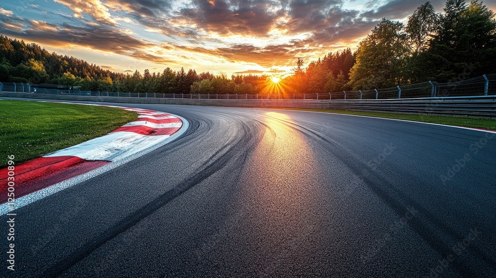 Naklejka premium Sunset race track asphalt curve, tire marks, forest background