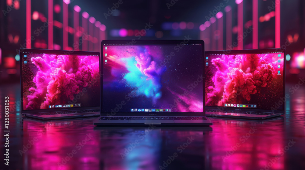 Modern and sleek laptops displaying vibrant abstract designs in neon colors Modern and sleek laptops displaying vibrant abstract designs in neon colors