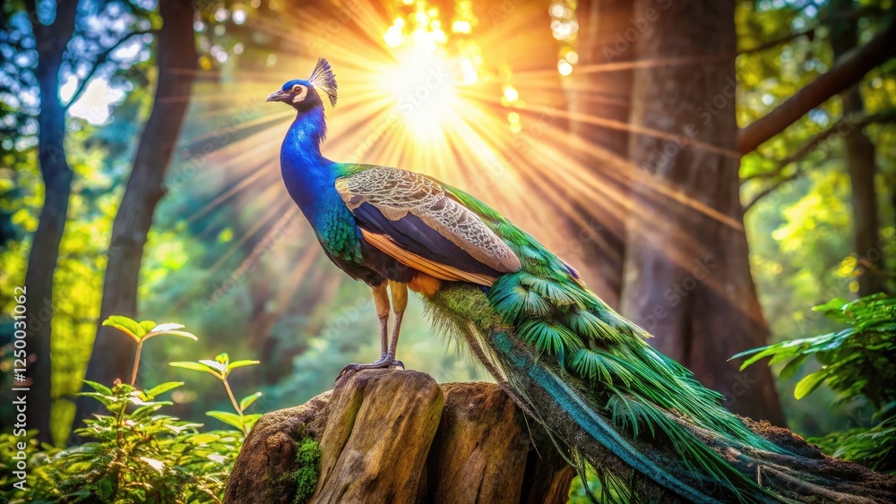 A regal peacock, perched majestically on a weathered stump, dominates this zoo's vibrant landscape. A regal peacock, perched majestically on a weathered stump, dominates this zoo's vibrant landscape.