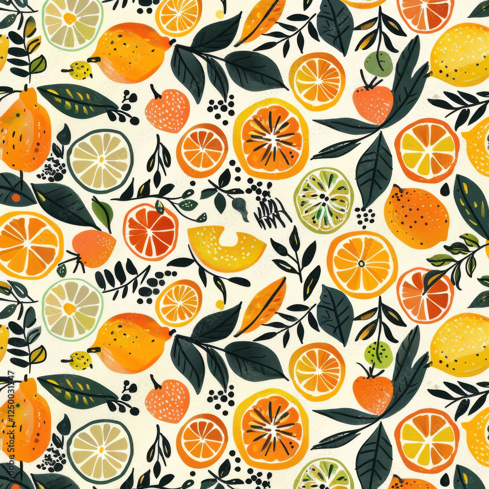 Fototapeta premium vibrant pattern featuring various citrus fruits like lemons, oranges, and limes, surrounded by green leaves, creating fresh and lively atmosphere
