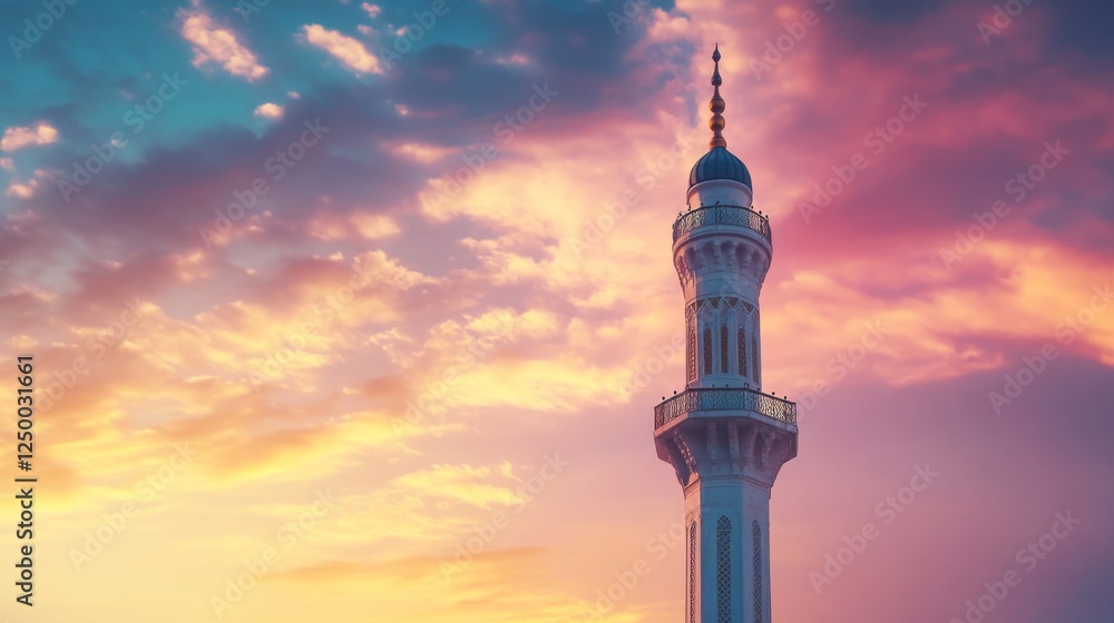 Obraz premium Minaret silhouette against painted clouds, serene architectural beauty in the sky.
