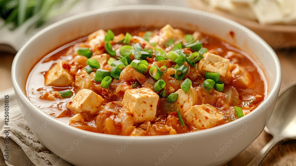 Delicious Tofu Stew With Green Onions Served in a White Bowl, Perfect for a Comforting Meal at Home Delicious Tofu Stew With Green Onions Served in a White Bowl, Perfect for a Comforting Meal at Home