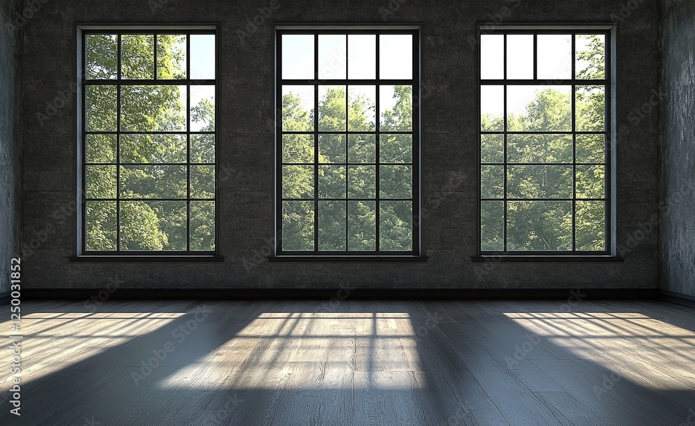 Empty room featuring three large windows offering a view of lush green trees with a wooden floor Empty room featuring three large windows offering a view of lush green trees with a wooden floor