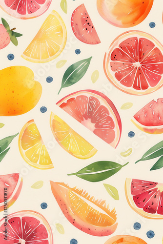 modern minimalist watercolor fruit pattern featuring various fruits like lemons, watermelons, and peaches, creating vibrant and fresh look