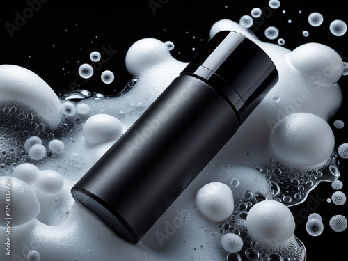 A sleek matte black cosmetic bottle surrounded by rich foam and bubbles on a dark background.